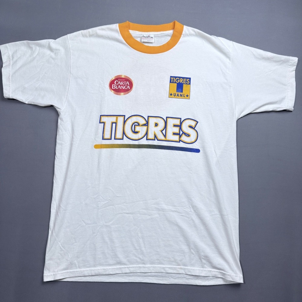 Vintage 90s Tigres UANL Carta Blanca‎ Beer Sponsor Ringer Shirt XL Mexico Soccer